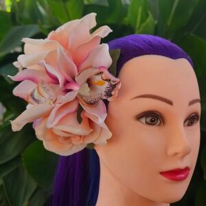 Handmade Peach Rose Orchid Floral Hair Clip Fascinator Rockabilly Wedding Tiki